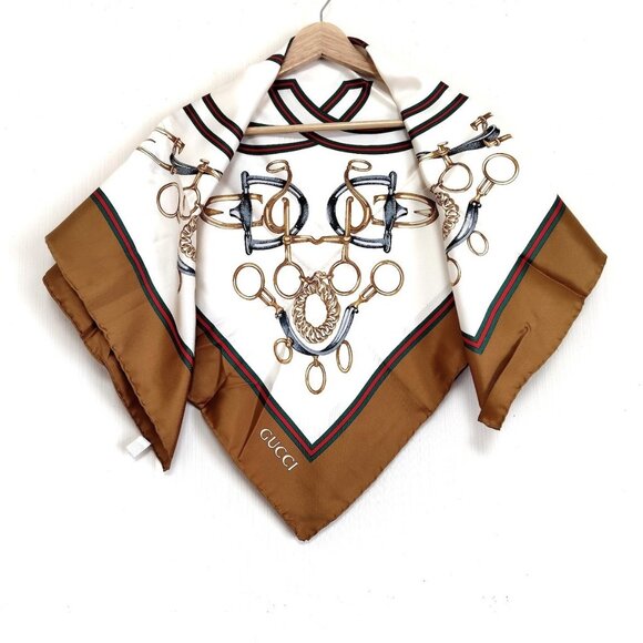 Auth GUCCI - Cream Brown Multi Scarf - Picture 2 of 12